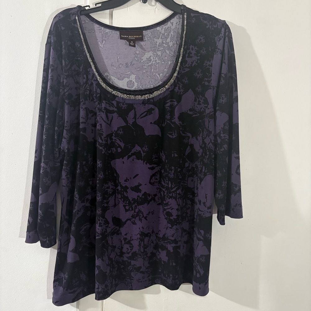 Dana Buchman Embellished Blouse Sz 1X Purple Black 3/4 Sleeve Boho Stretch Fairy